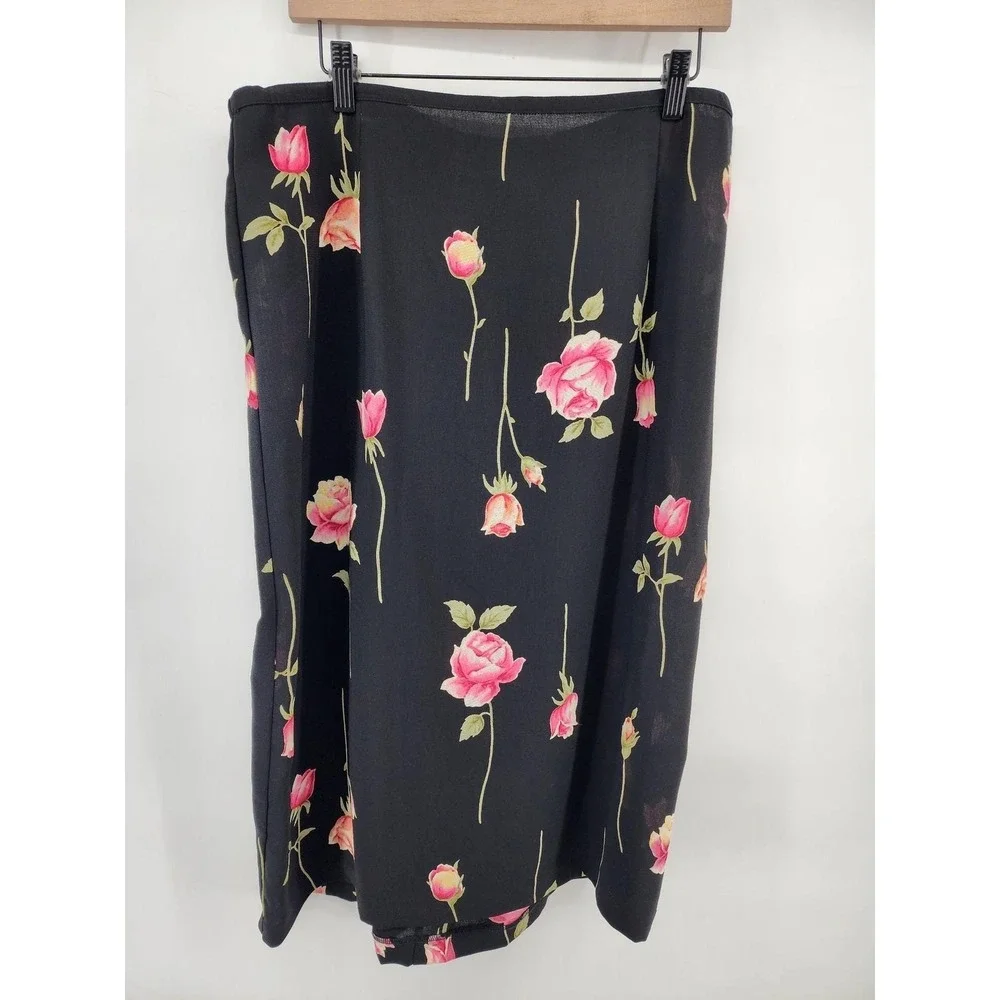 Alfred Dunner Vintage Floral Embroidered Cardigan Skirt Set Black Pink Rose L/18
